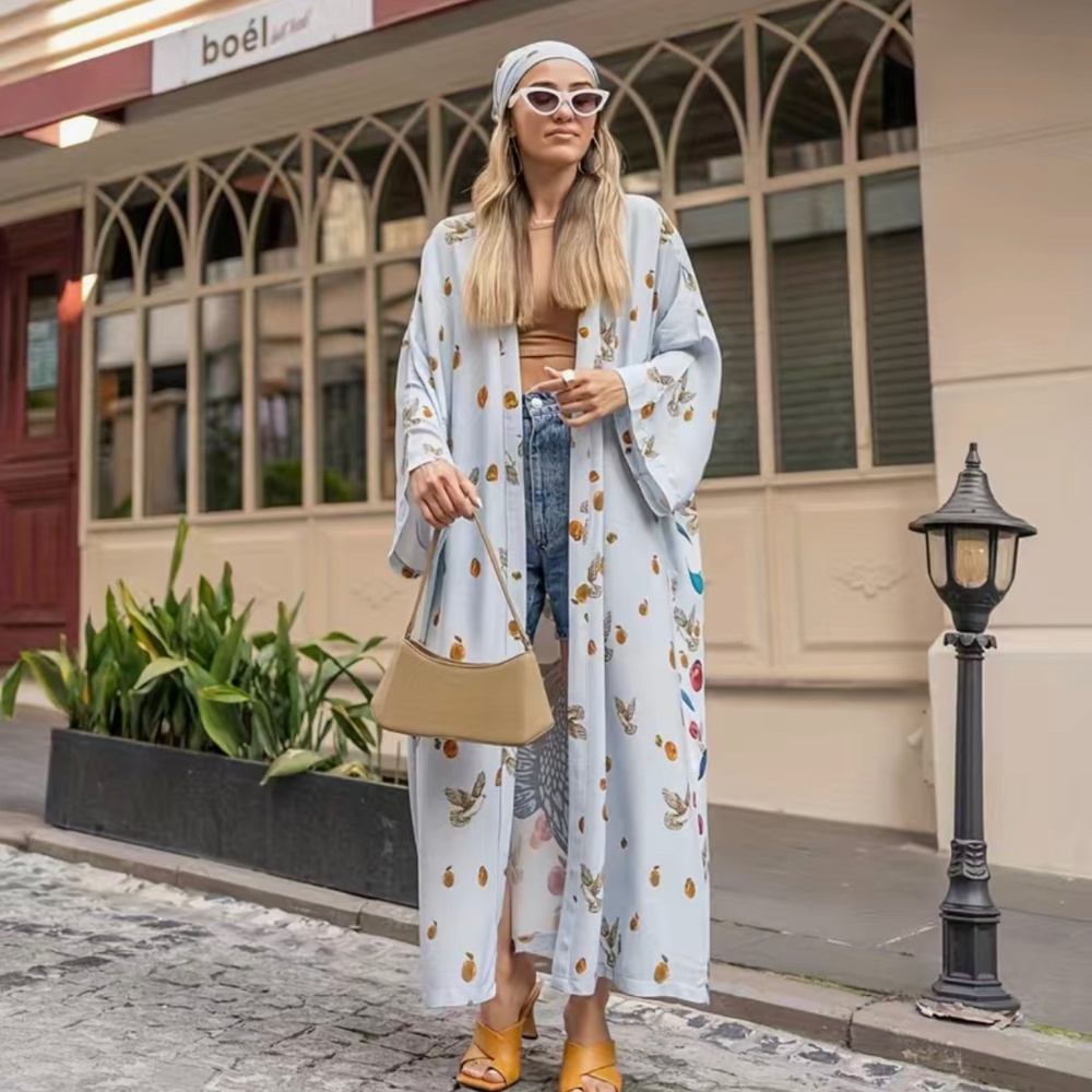 Boho Floral Bird Kimono Maxi Duster Cardigan Coverup - Picture 3 of 5